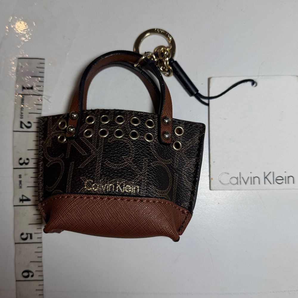 Calvin Klein Brown Khaki Monogram Mini Tote Bag Keychain Charm H6ASU4TK NWT